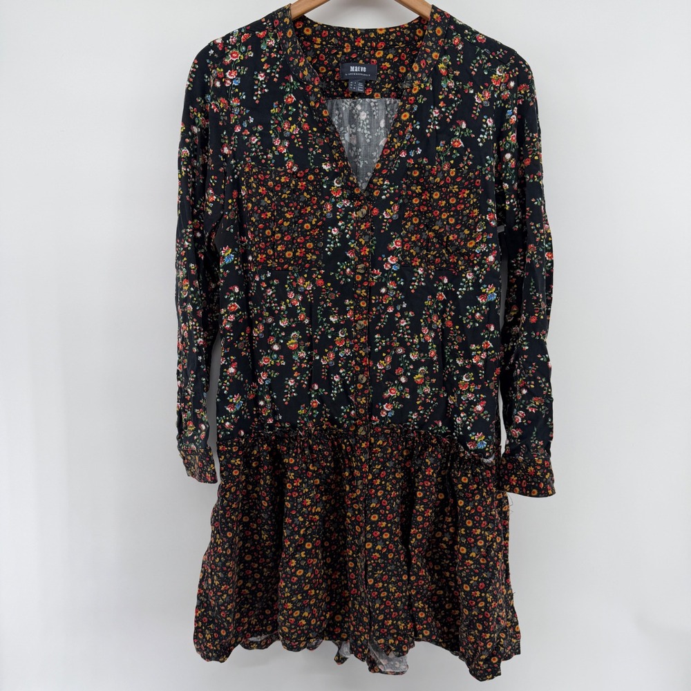 Maeve Anthropologie Mixed Floral Drop Waist Mini Dress Black Size 4 Long Sleeve